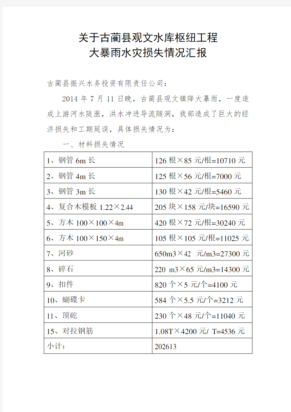 大暴雨水灾损失情况汇报