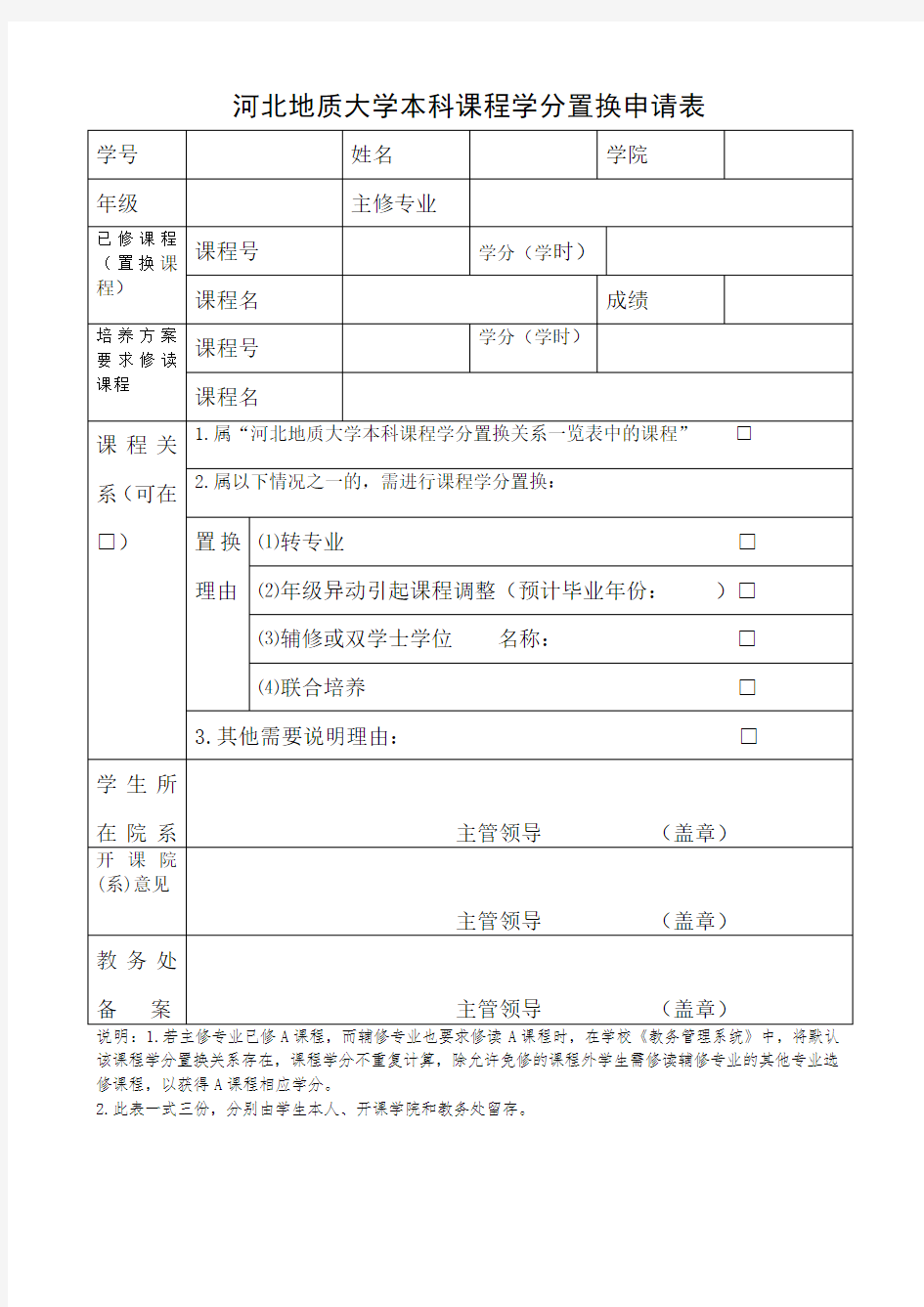 1211河北地质大学本科课程学分置换申请表