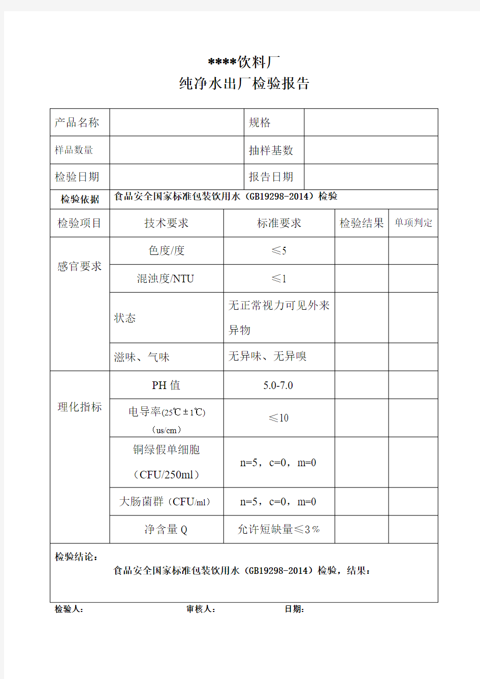 纯净水出厂检验报告