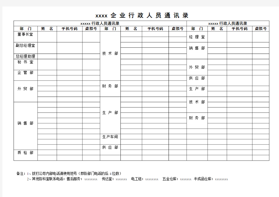 xxxx企业行政人员通讯录