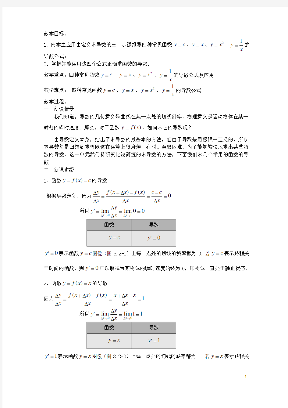 (新课标)高中数学《1.2.1几个常用函数的导数》教案 新人教A版选修22