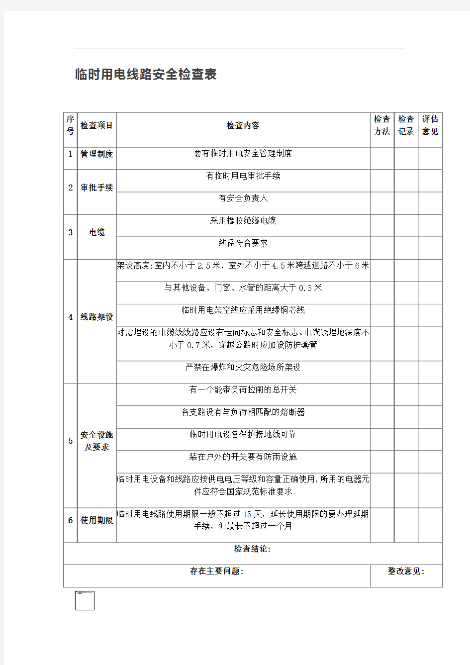 临时用电线路安全检查表【最新】