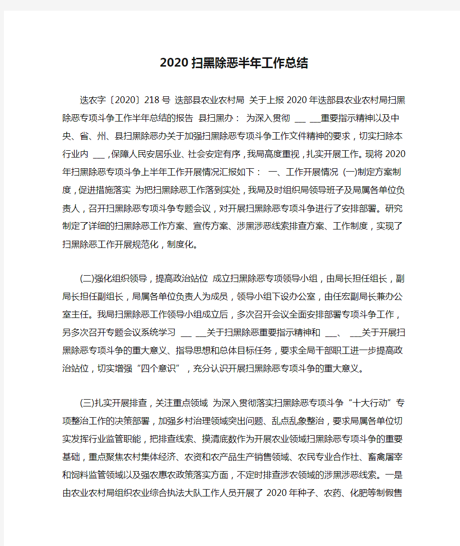 2020扫黑除恶半年工作总结