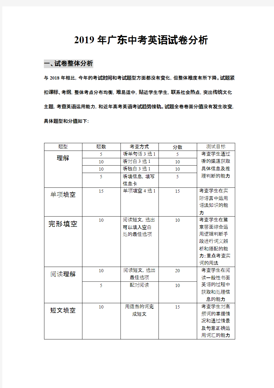 (完整版)2019年广东中考英语试卷分析