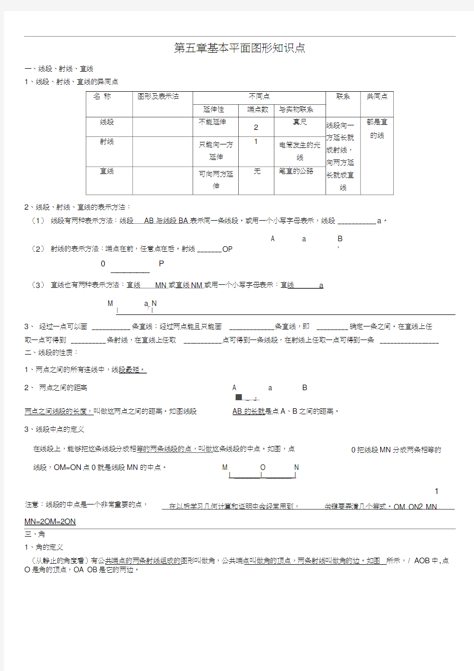 第四章《基本平面图形》知识点