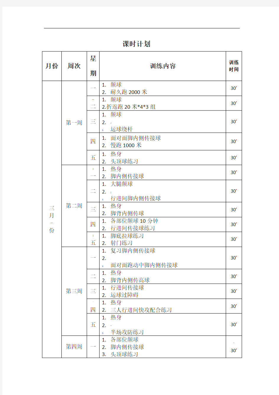 农村小学足球队训练课时计划