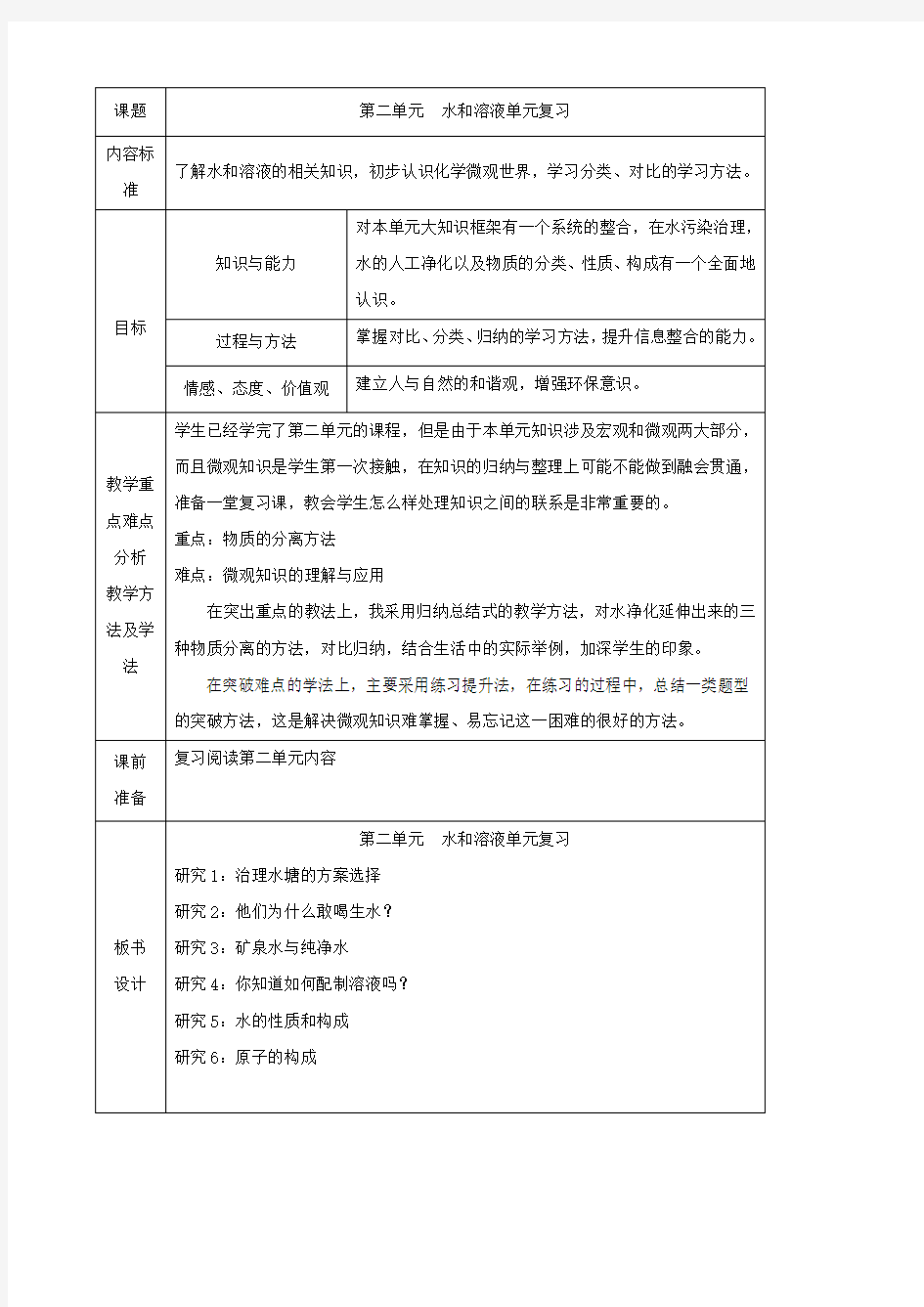 化学：第二单元《水和溶液》复习学案(鲁教版九年级)