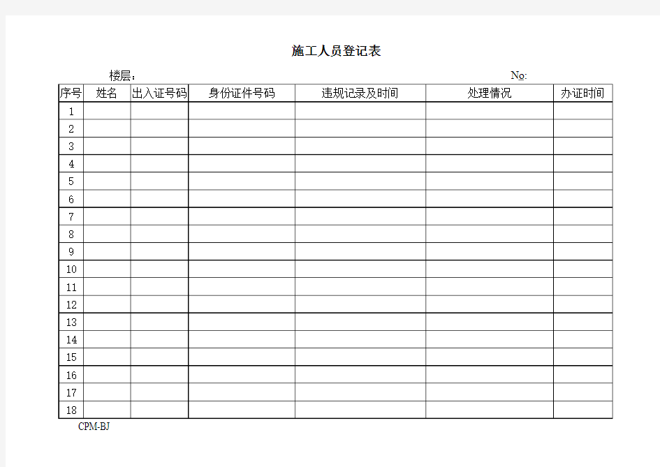 【Excel表格】施工人员登记表