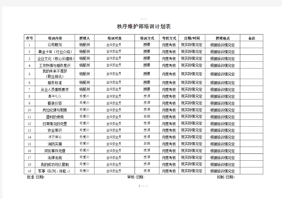 秩序维护部培训计划表