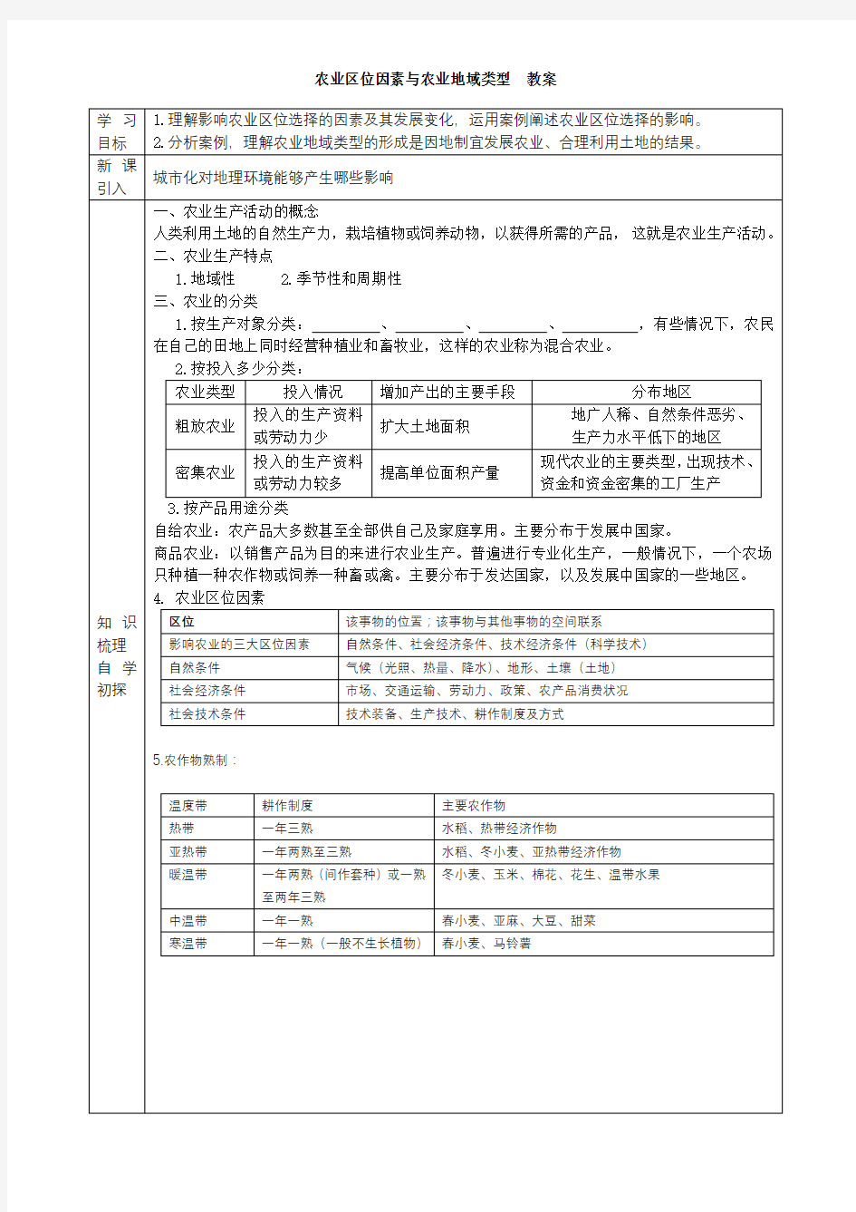 湘教版 高中地理 必修二 3.1农业地域类型 教案设计