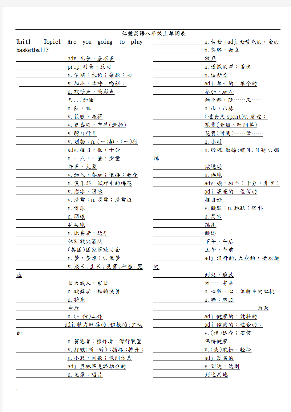 仁爱英语八年级上册单词表听写版