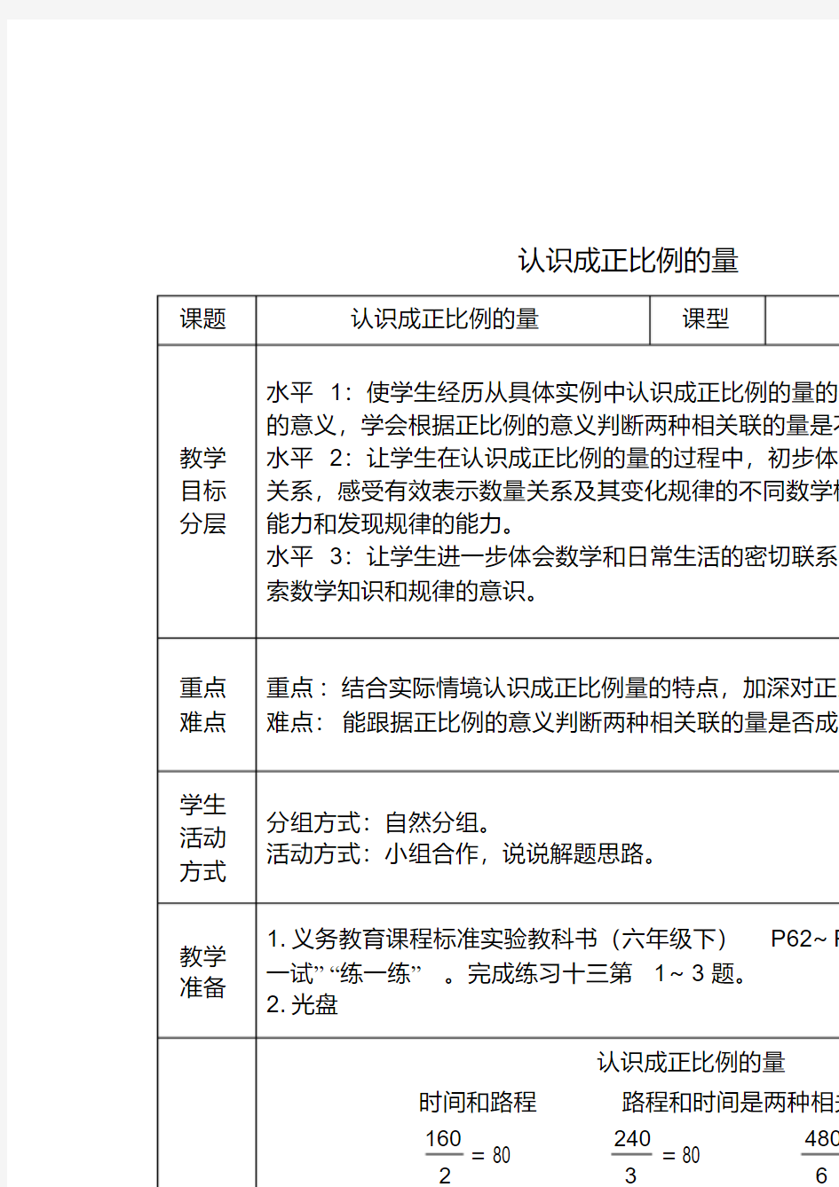 六年级数学下册认识成正比例的量教案苏教版