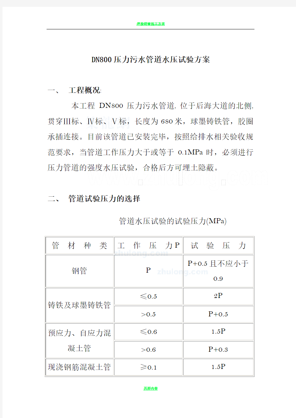 dn800压力污水管道水压试验方案p