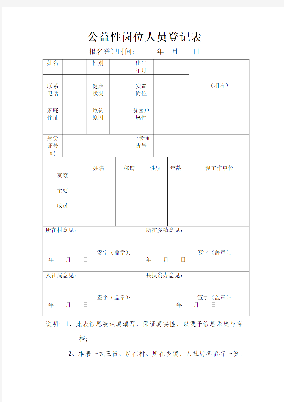 公益性岗位人员安置登记表