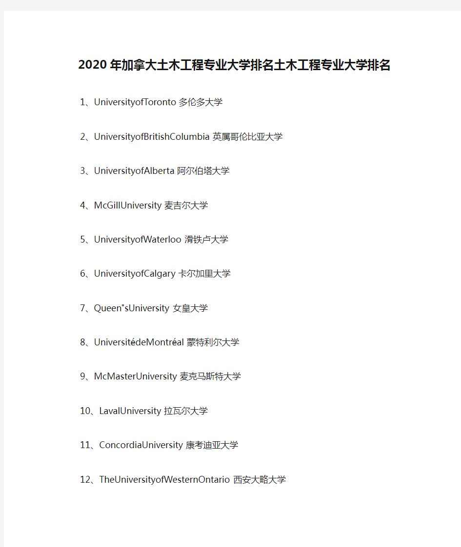 2020年加拿大土木工程专业大学排名土木工程专业大学排名