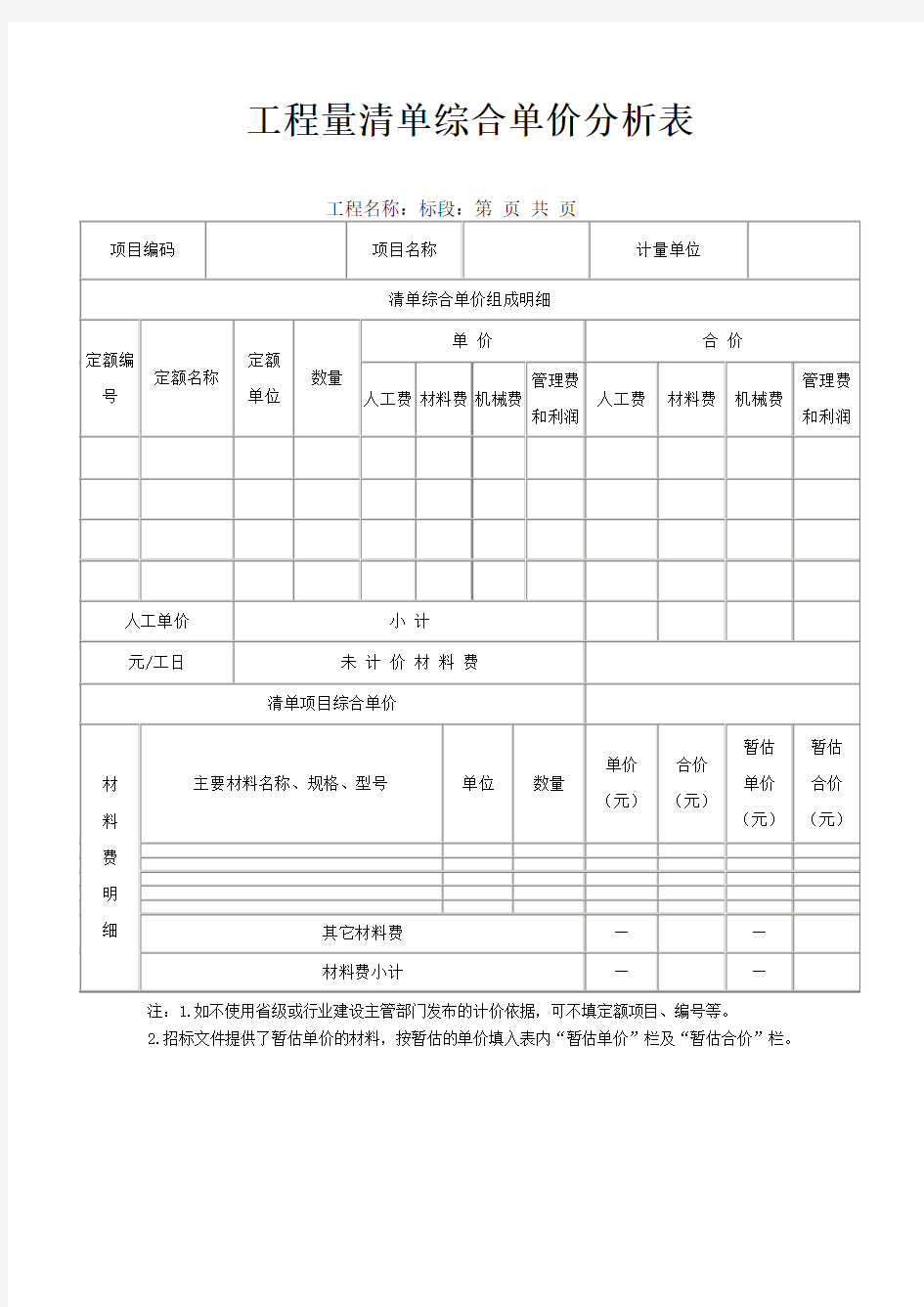 工程量清单综合单价分析表模板