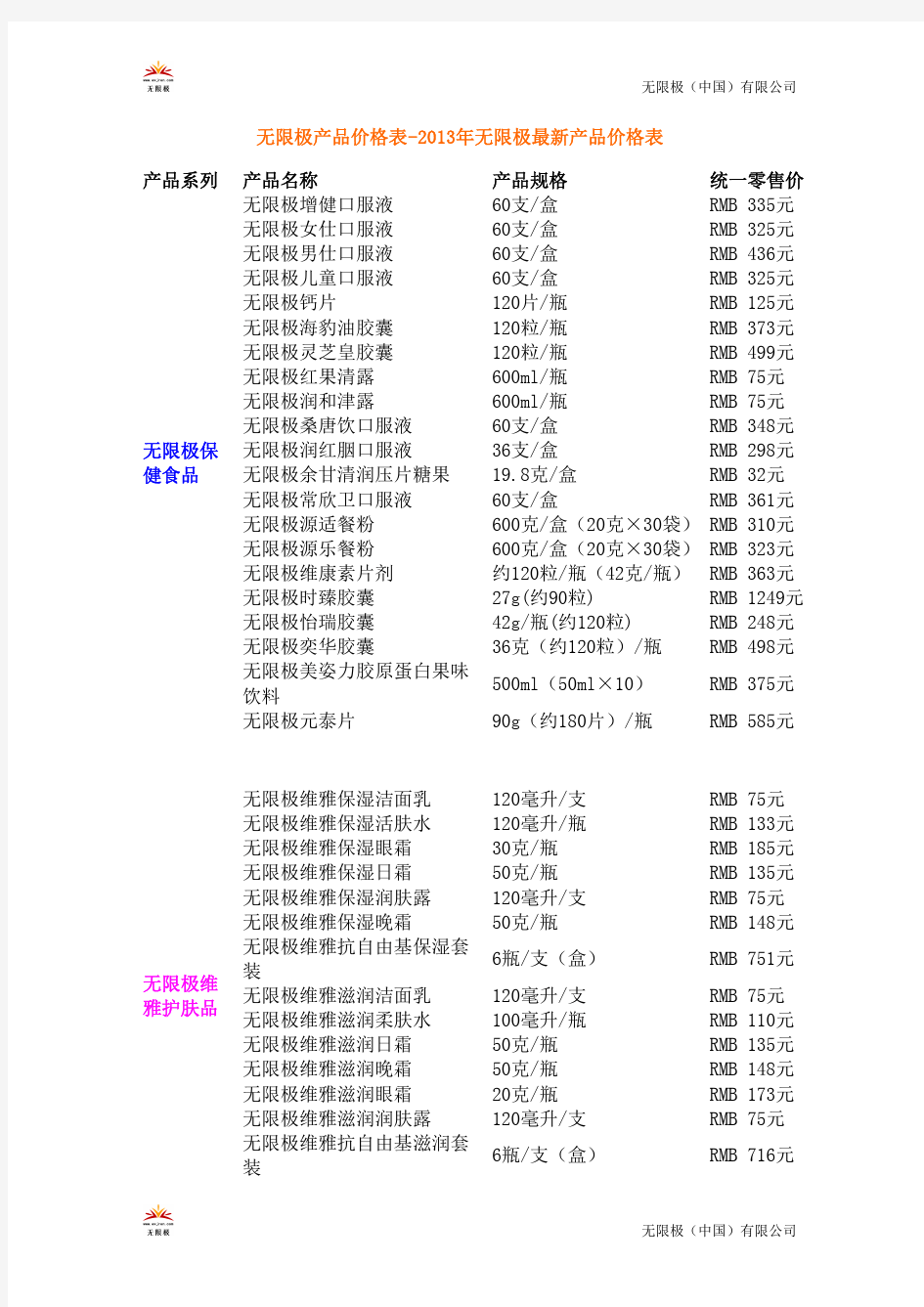 无限极产品价格表-2013年无限极最新产品价格表