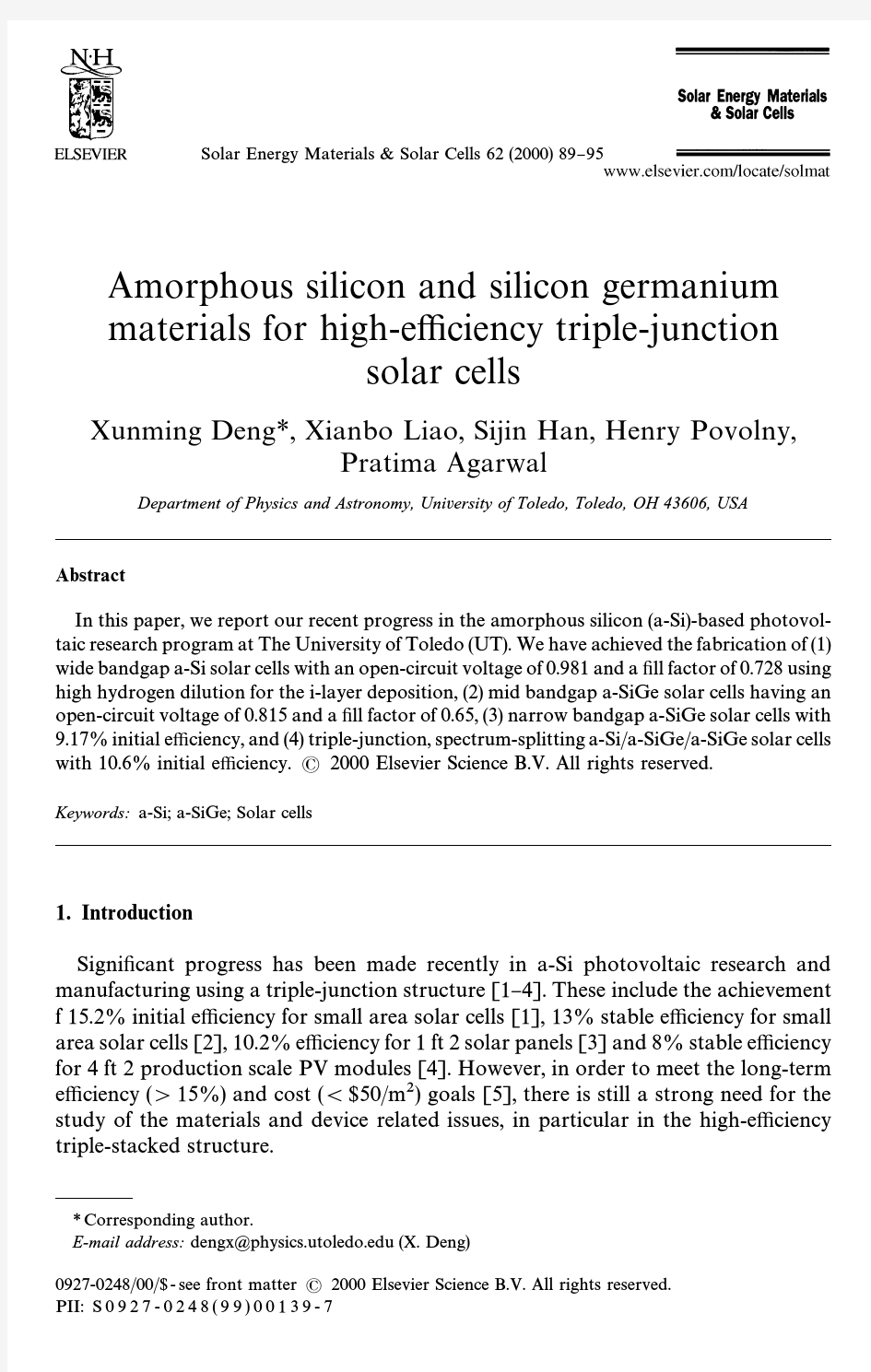 Amorphous silicon and silicon germanium materials for high-efficiency triple-junction solar cells