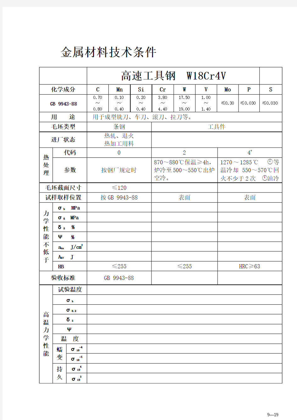 高速工具钢  W18Cr4V材料技术要求