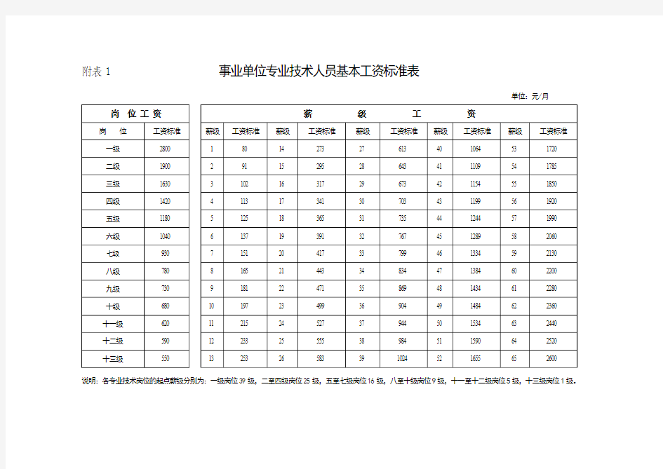 事业单位专业技术人员工资标准表