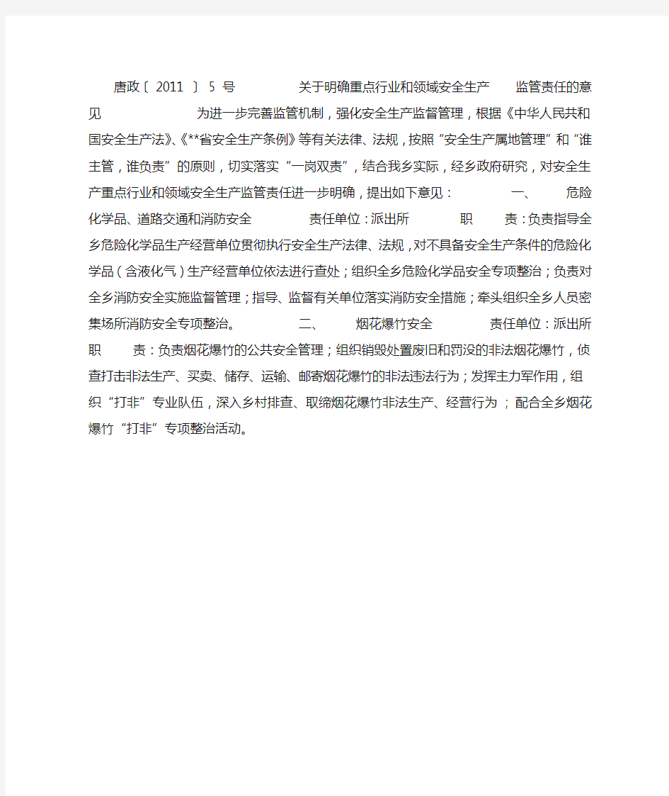 关于明确重点行业和领域安全生产监管责任的意见