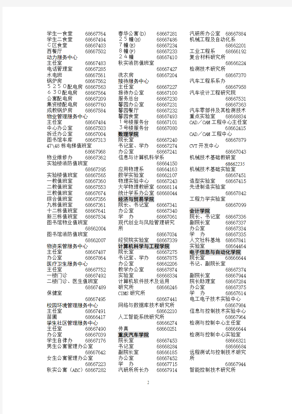 重庆工学院杨家坪校区电话号码表