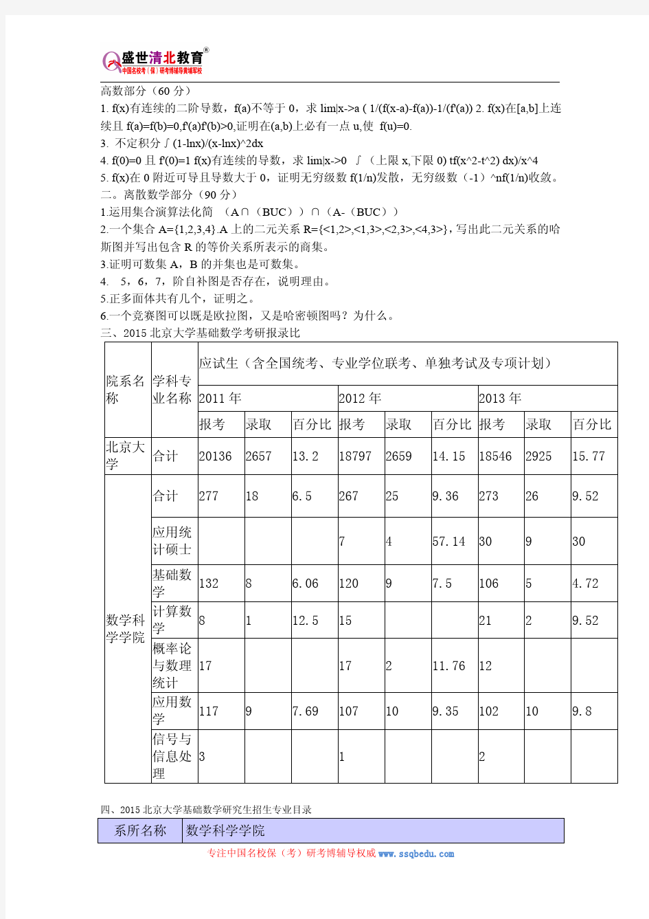2015北京大学基础数学考研参考书、历年真题、报录比、研究生招生专业目录、复试分数线