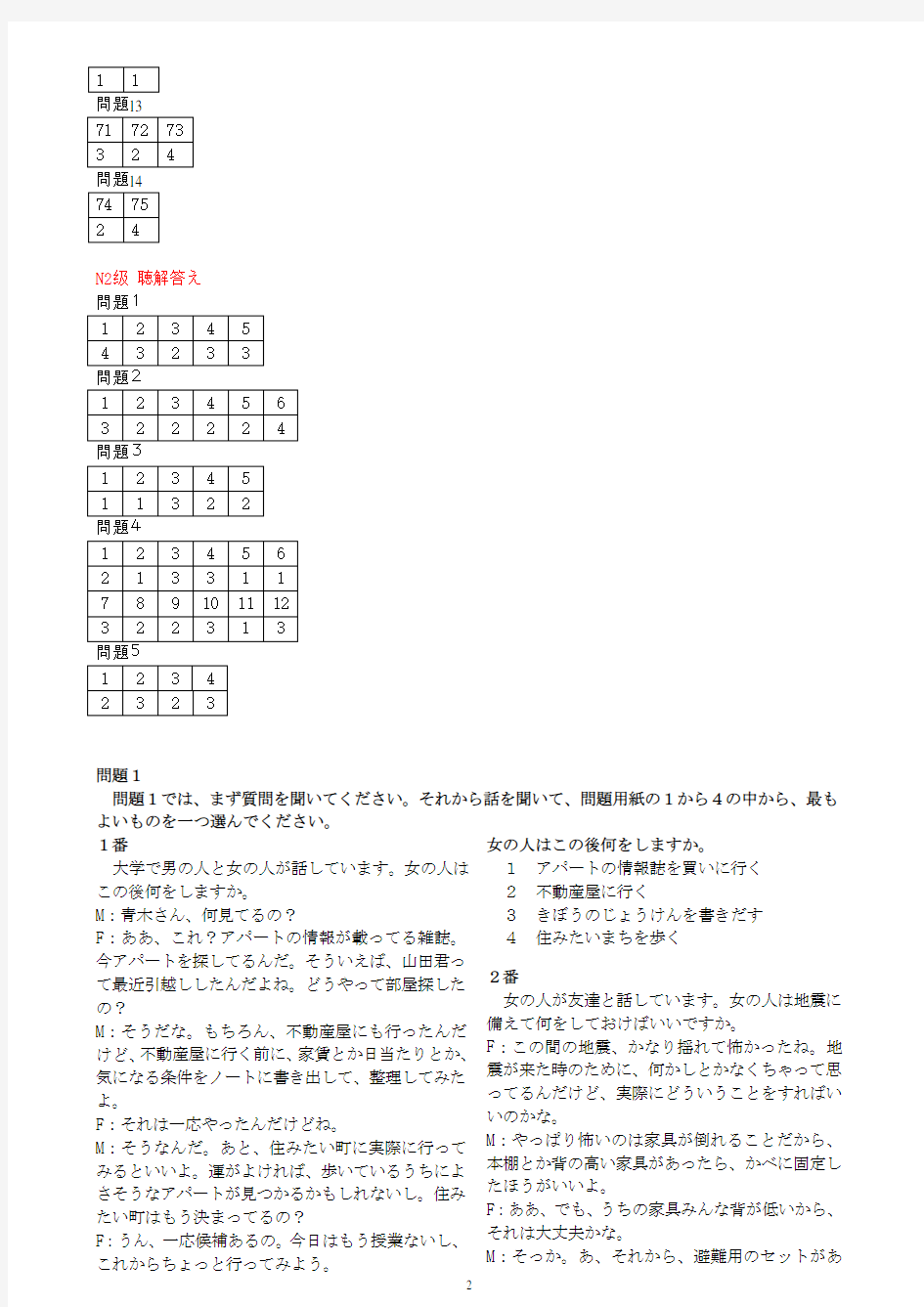 2010年7月日语二级(N2)答案及听力原文