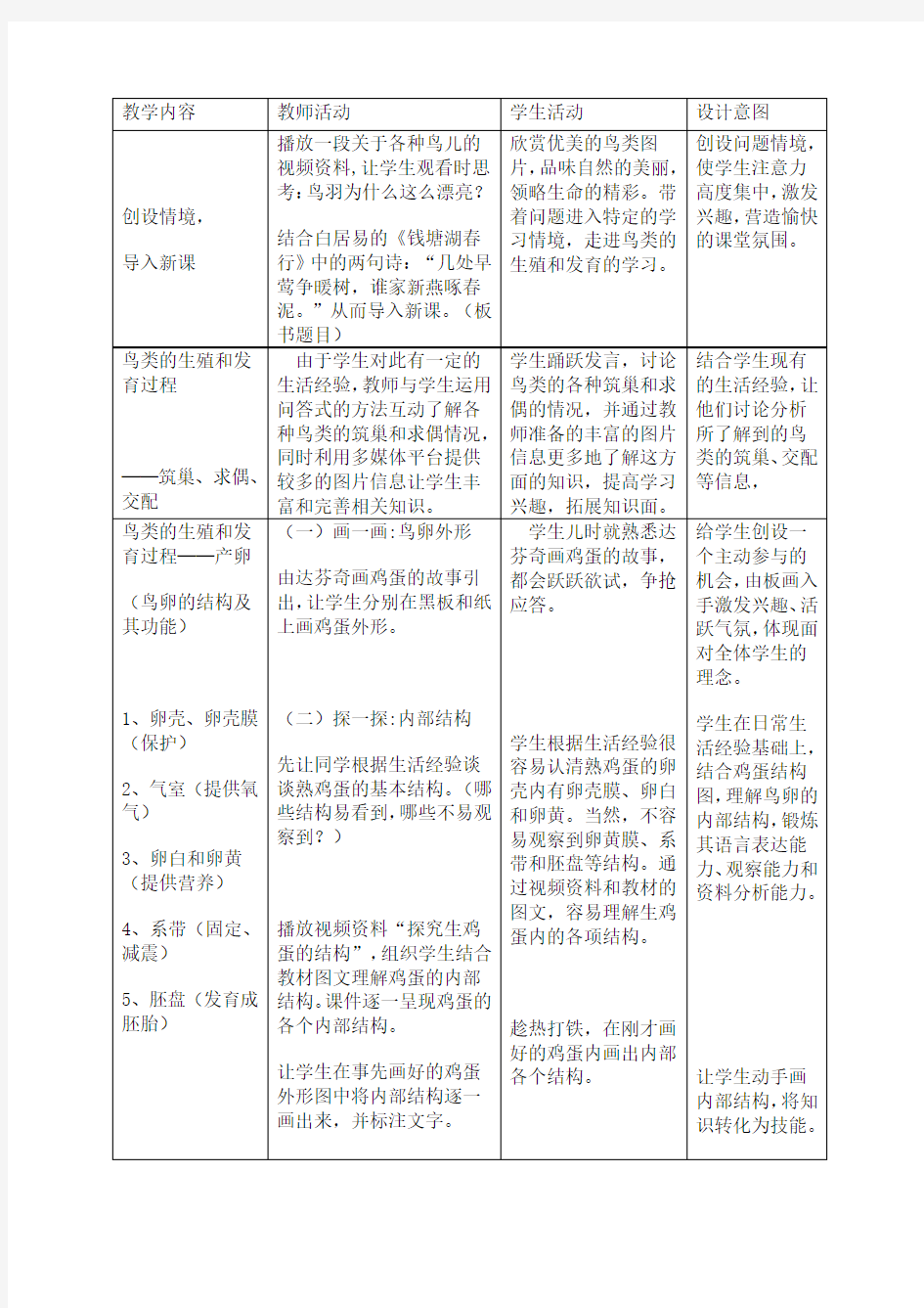 《鸟的生殖和发育》教学设计