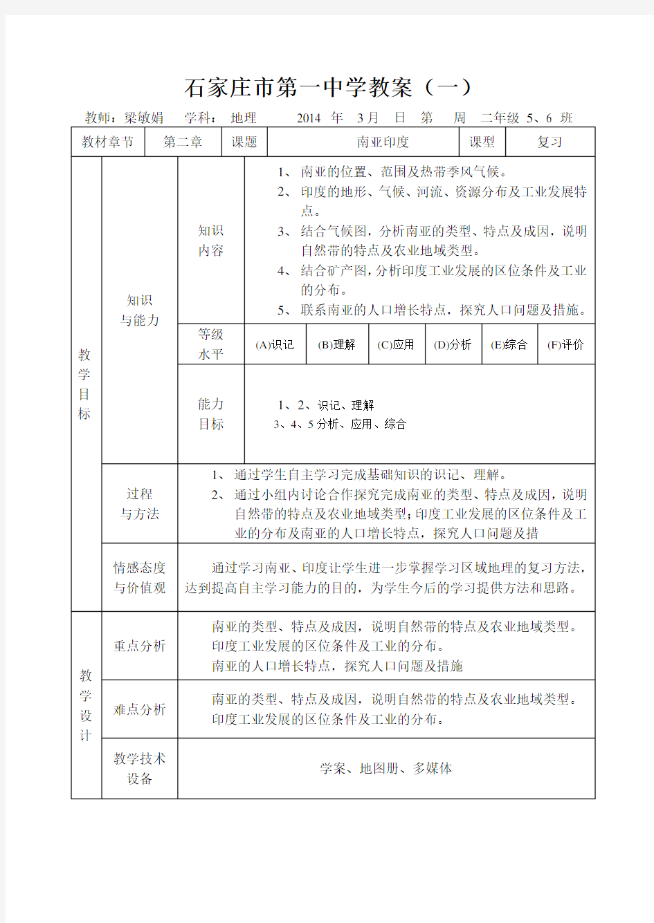 高二级区域地理复习《南亚——印度》教案