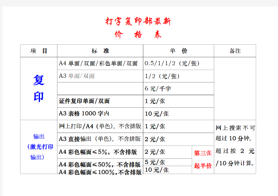 打字复印价格表