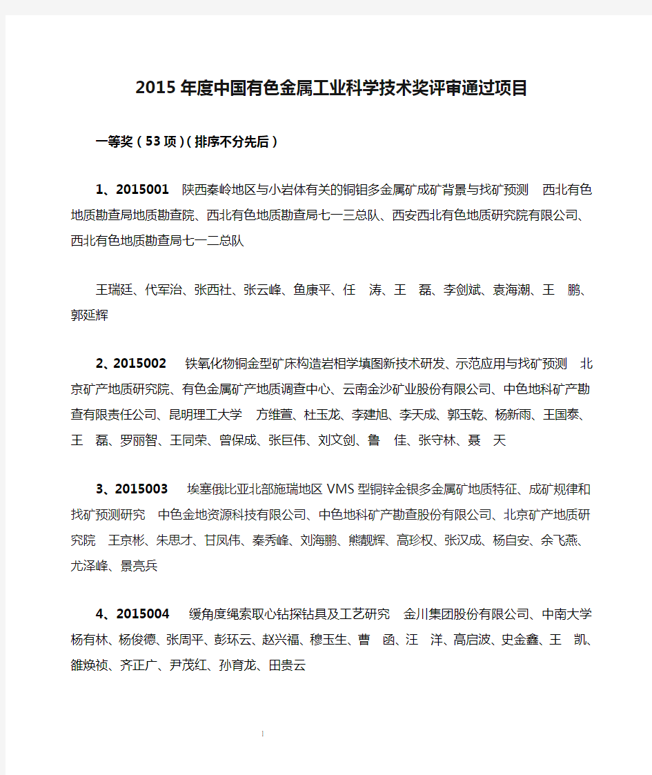 2015年度中国有色金属工业科学技术奖评审通过项目
