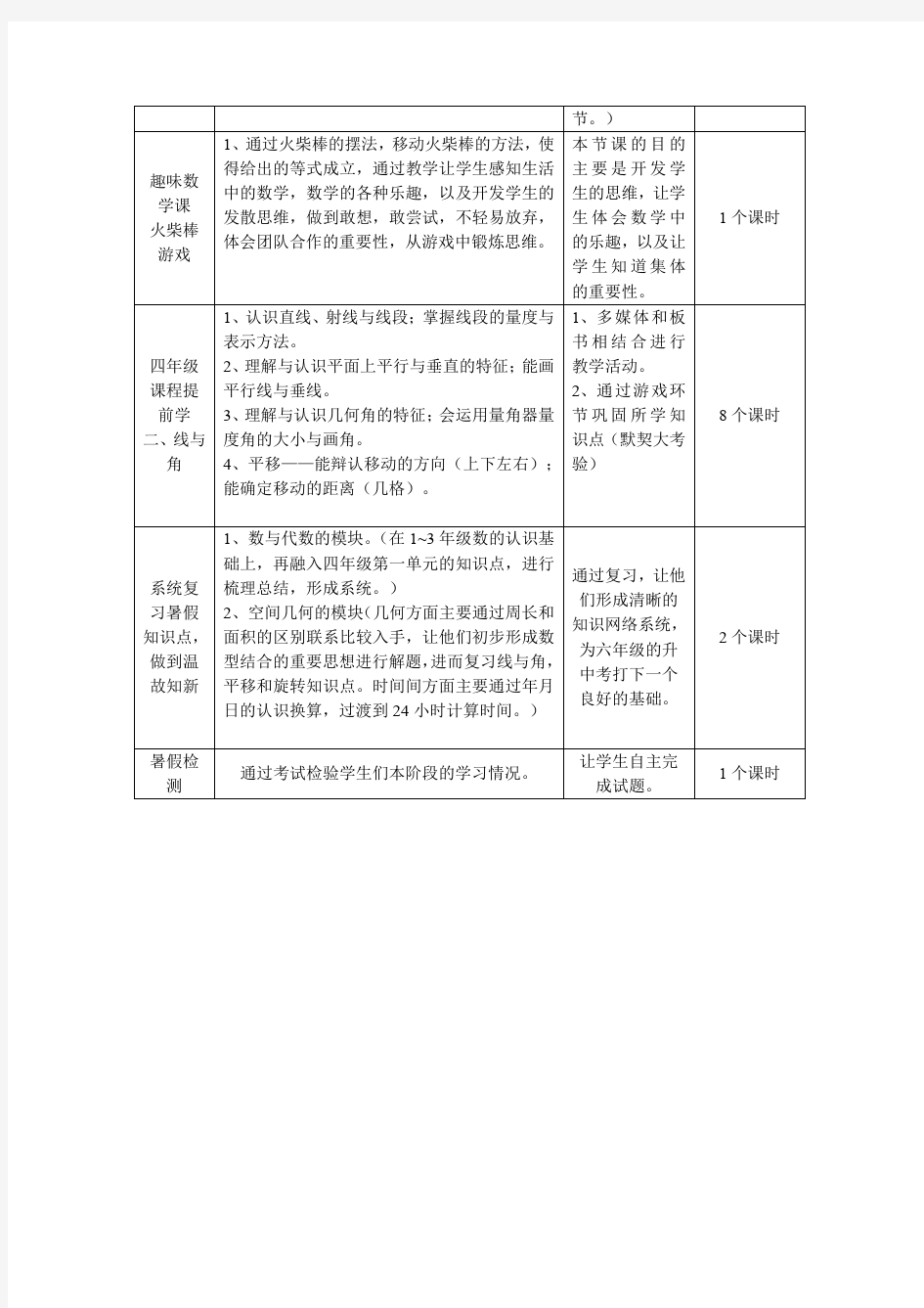 新北师大版小学三升四暑假数学课程安排进度表