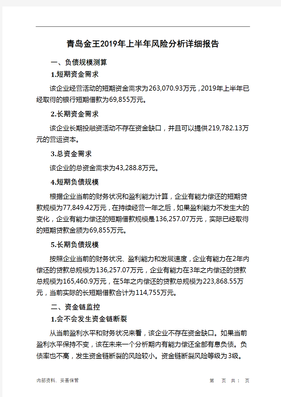 青岛金王2019年上半年财务风险分析详细报告