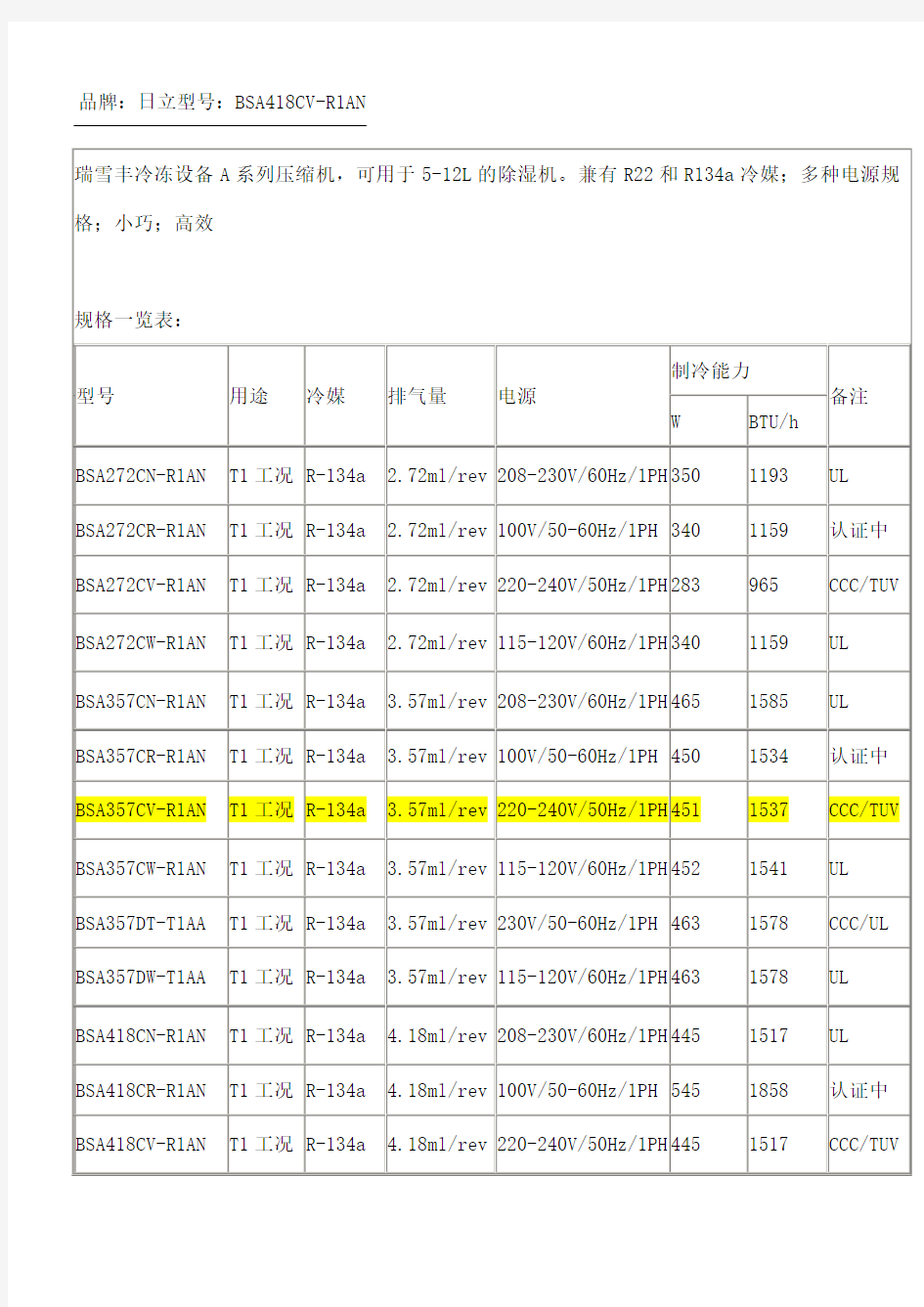 日立压缩机技术参数