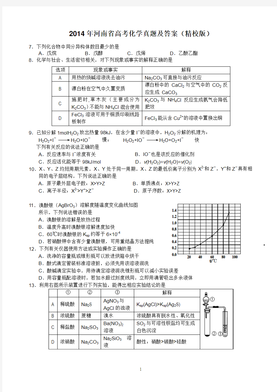 2014年河南省高考化学真题及答案(精校版)
