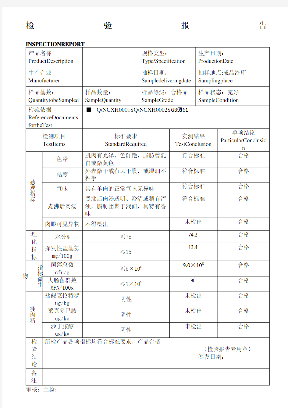 肉制品瘦肉精检测报告