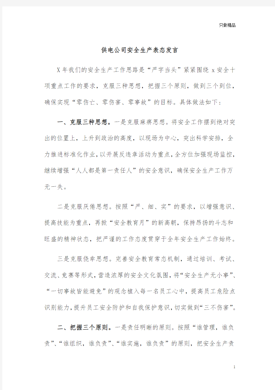 供电公司安全生产表态发言