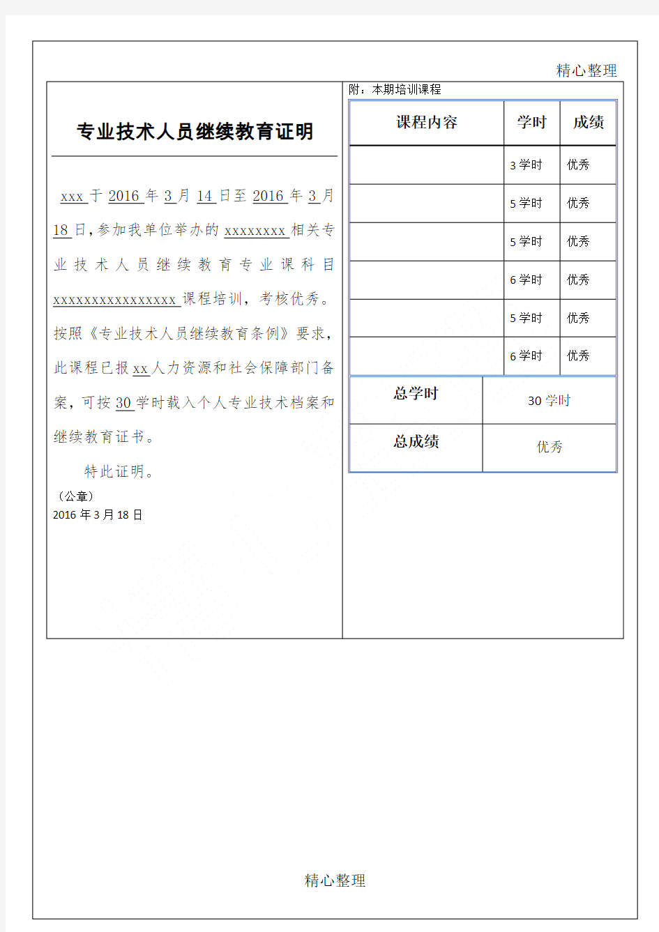 专业技术人员继续教育证明