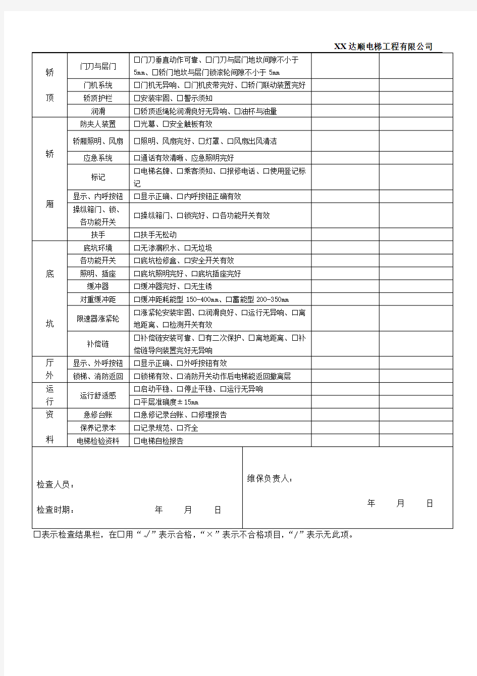 电梯维保质量检查表(季度)