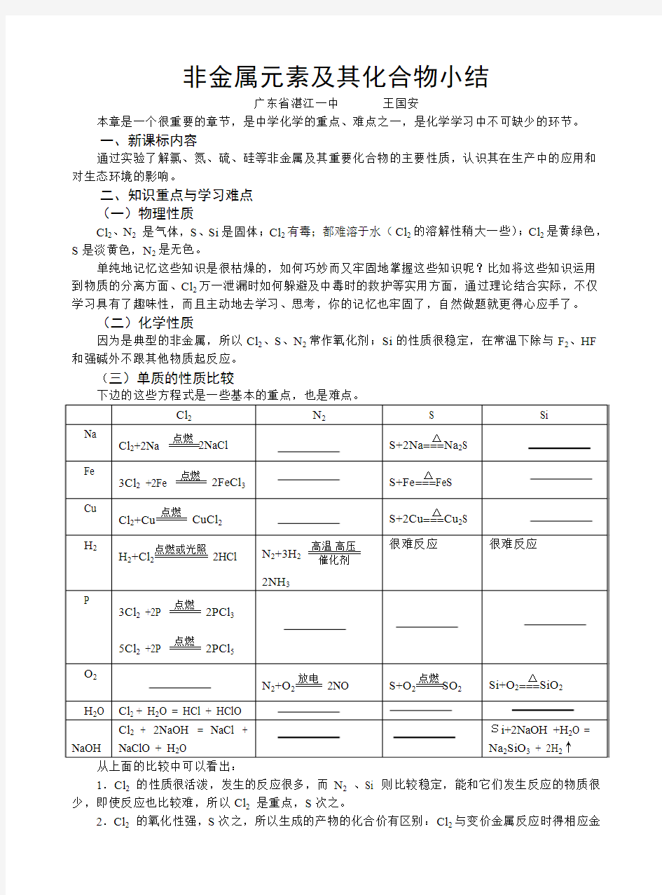 非金属元素及其化合物小结