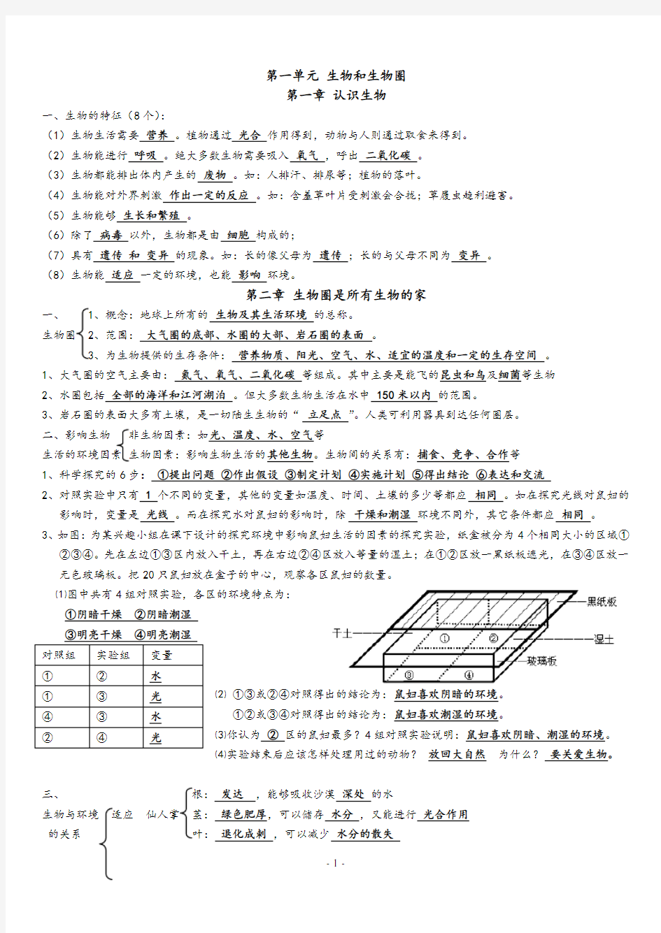 人教版七年级上册生物知识点归纳(最新最全)