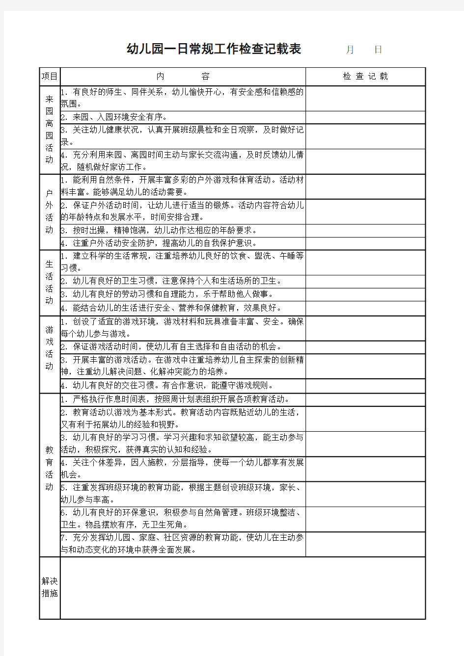 幼儿园一日常规工作检查记载表