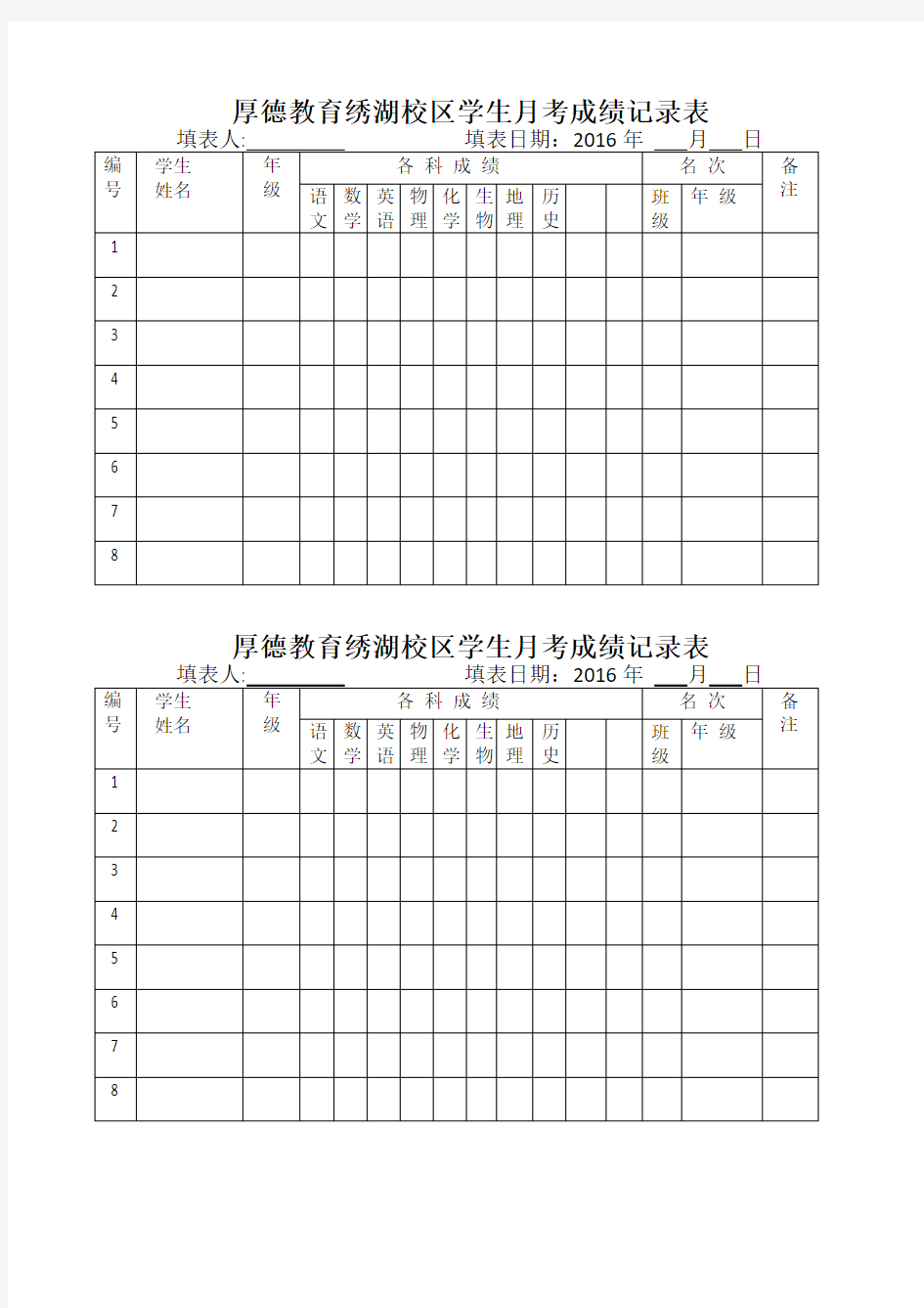 培训班学生成绩记录表