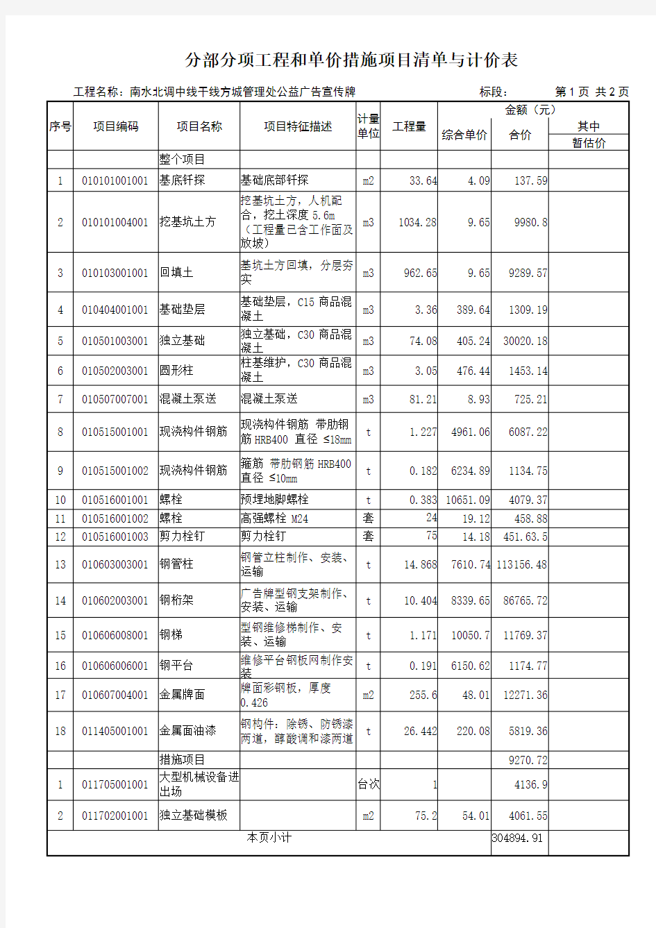 分部分项工程和单价措施项目清单与计价表(广告牌)