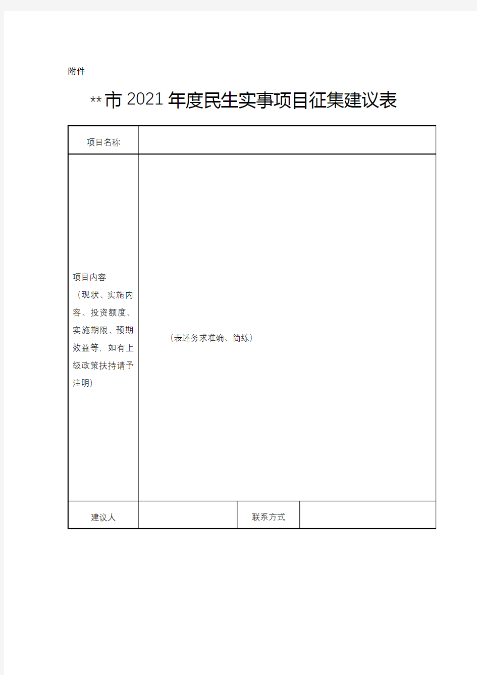 市2021年度民生实事项目征集建议表【模板】