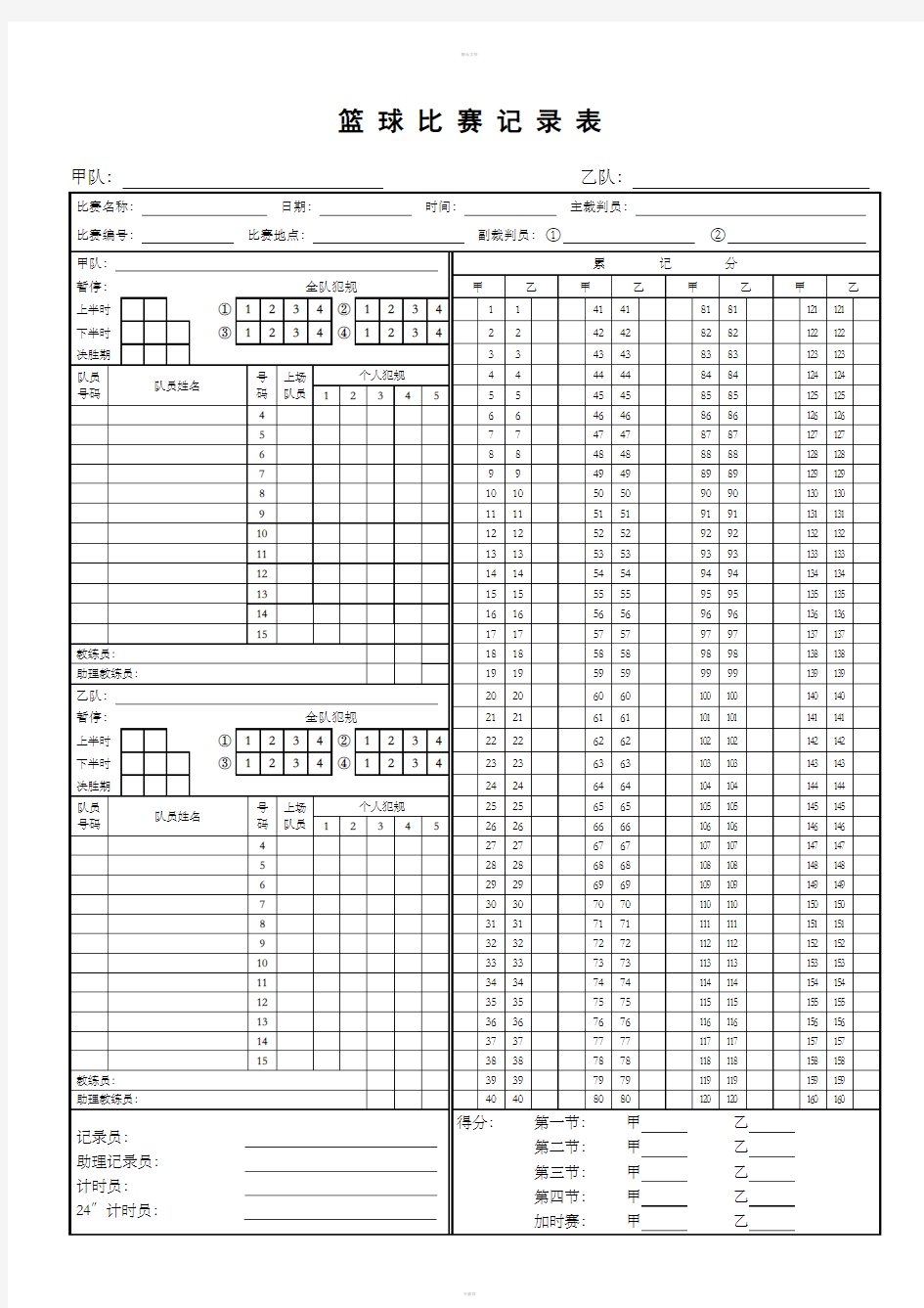 篮球比赛记录表(CBA专用)