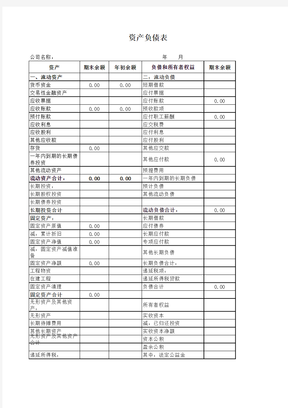 资产负债表模板2020年新版带公式