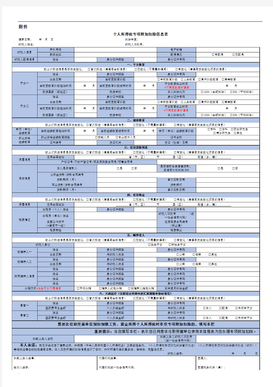 个人所得税专项附加扣除信息表(电子版)