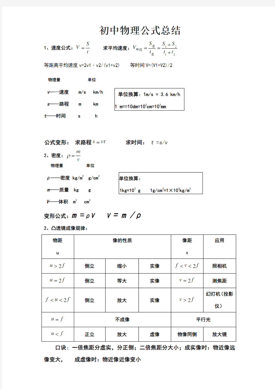 新人教版初中物理公式总结